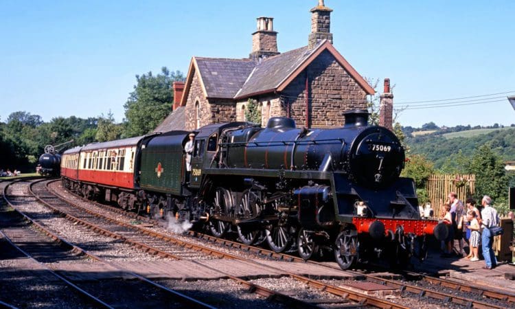 British Railways Standard Class 4 4-6-0 leaving Highley station on the Severn Valley Railway, Highley, Shropshire.