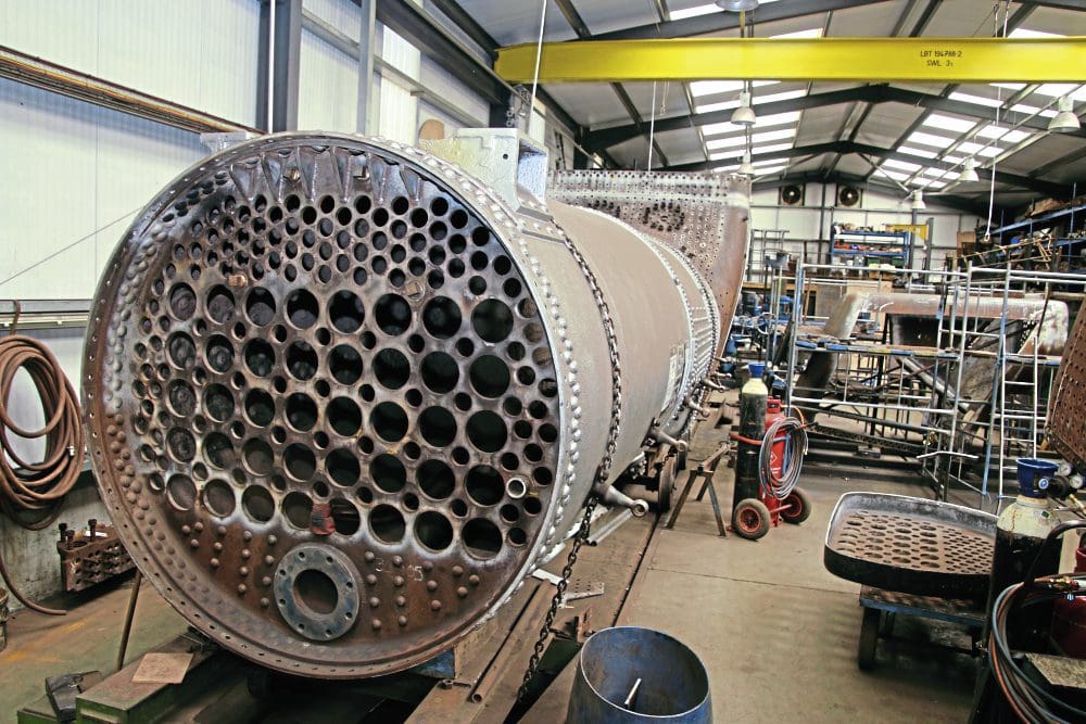 No. 35005 Canadian Pacific’s boiler is seen inside Ropley boiler shop on June 29. The new inner firebox was out of shot to the right. Photo: Gareth Evans