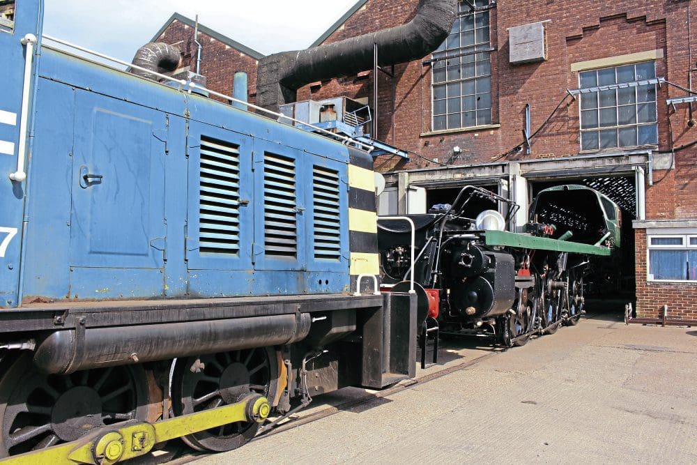 Ahead of the reattachment of its bogie and pony truck, No. 35005 Canadian Pacific emerges from Eastleigh Works on June 1, hauled by a Class 07 diesel. Photo: Becky Peacock/MHR