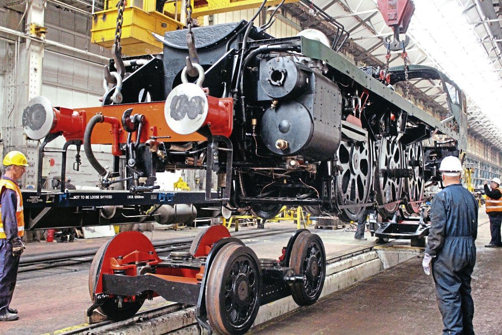 A milestone in the project was the re-attachment of the bogie and pony truck in June 2019 at Eastleigh. Photo: Becky Peacock/MHR