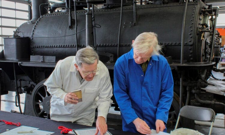 Dr Michael Bailey and Peter Davidson with the Hetton locomotive