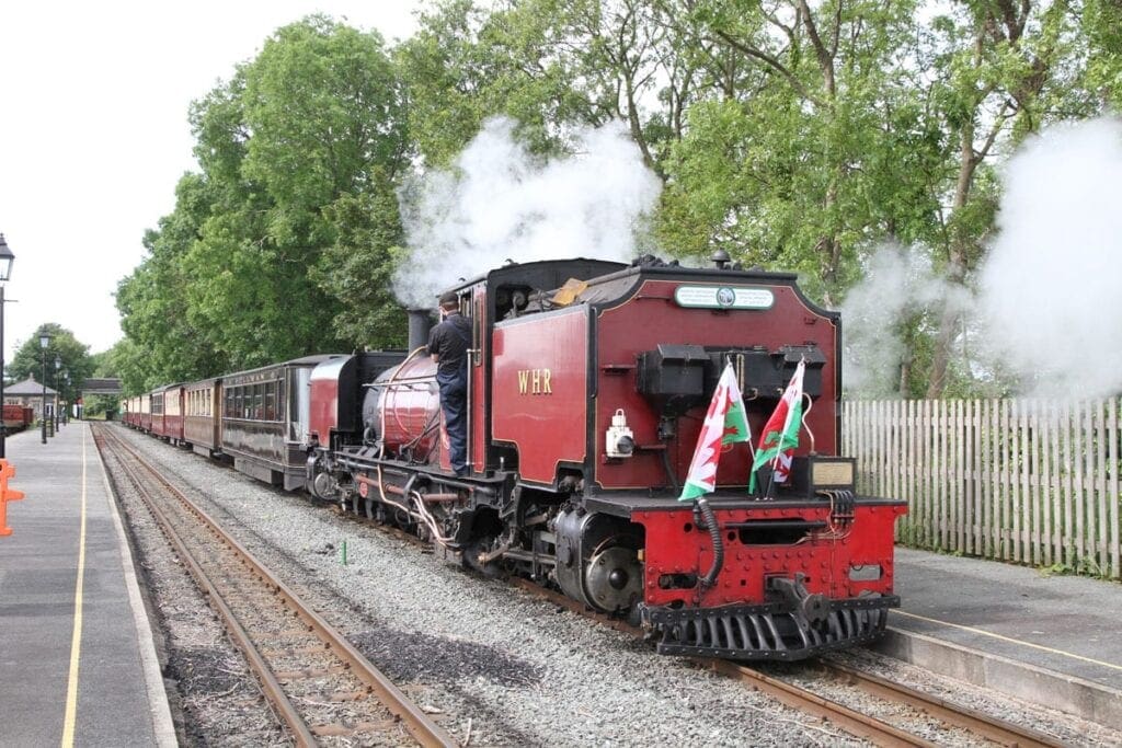 Pic caption: Welsh Highland NGG16 ‘Garratt’ No. 138 at Dinas station on June 14, 2019 about to depart for Caernarfon